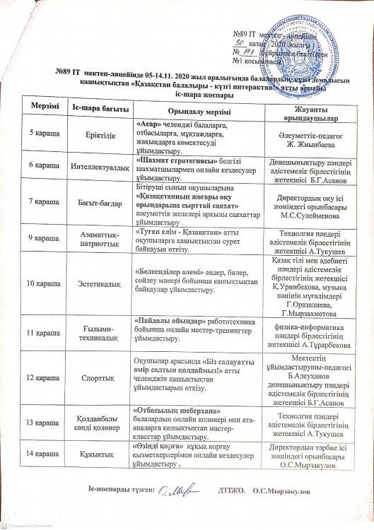 "Қазақстан балалары-күзгі интерактив" күзгі демалыс кезіндегі балалардың демалысын өткізу іс-шара жоспары